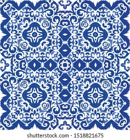 Traditional ornate portuguese azulejo. Vector seamless pattern arabesque. Minimal design. Blue abstract background for web backdrop, print, pillows, surface texture, wallpaper, towels.