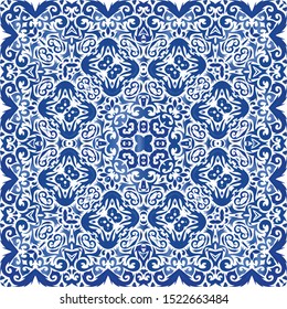 Traditional ornate portuguese azulejo. Vector seamless pattern arabesque. Colored design. Blue abstract background for web backdrop, print, pillows, surface texture, wallpaper, towels.