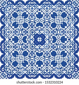 Traditional ornate portuguese azulejo. Vector seamless pattern illustration. Geometric design. Blue abstract background for web backdrop, print, pillows, surface texture, wallpaper, towels.