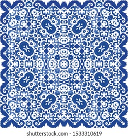 Traditional ornate portuguese azulejo. Vector seamless pattern arabesque. Minimal design. Blue abstract background for web backdrop, print, pillows, surface texture, wallpaper, towels.