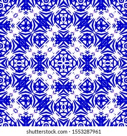 Traditional ornate portuguese azulejo. Vector seamless pattern theme. Fashionable design. Blue abstract background for web backdrop, print, pillows, surface texture, wallpaper, towels.