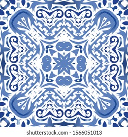 Traditional ornate portuguese azulejo. Vector seamless pattern theme. Fashionable design. Blue abstract background for web backdrop, print, pillows, surface texture, wallpaper, towels.