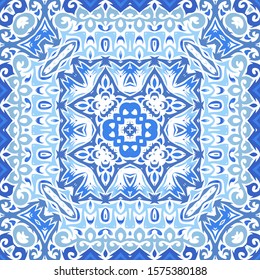 Traditional ornate portuguese azulejo. Vector seamless pattern collage. Colored design. Blue abstract background for web backdrop, print, pillows, surface texture, wallpaper, towels.