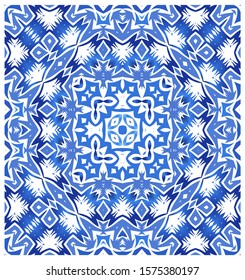 Traditional ornate portuguese azulejo. Vector seamless pattern collage. Colored design. Blue abstract background for web backdrop, print, pillows, surface texture, wallpaper, towels.