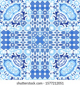 Traditional ornate portuguese azulejo. Vector seamless pattern elements. Stylish design. Blue abstract background for web backdrop, print, pillows, surface texture, wallpaper, towels.