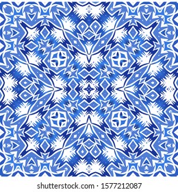 Traditional ornate portuguese azulejo. Vector seamless pattern collage. Colored design. Blue abstract background for web backdrop, print, pillows, surface texture, wallpaper, towels.