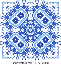 Traditional ornate portuguese azulejo. Vector seamless pattern arabesque. Graphic design. Blue abstract background for web backdrop, print, pillows, surface texture, wallpaper, towels.