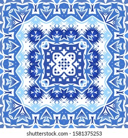 Traditional ornate portuguese azulejo. Vector seamless pattern collage. Colored design. Blue abstract background for web backdrop, print, pillows, surface texture, wallpaper, towels.