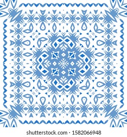 Traditional ornate portuguese azulejo. Vector seamless pattern arabesque. Graphic design. Blue abstract background for web backdrop, print, pillows, surface texture, wallpaper, towels.