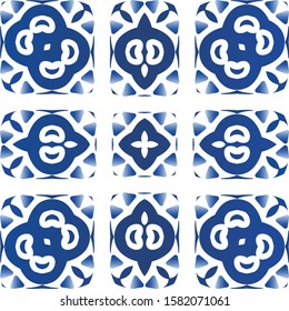 Traditional ornate portuguese azulejo. Vector seamless pattern illustration. Creative design. Blue abstract background for web backdrop, print, pillows, surface texture, wallpaper, towels.