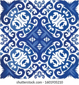 Traditional ornate portuguese azulejo. Vector seamless pattern theme. Original design. Blue abstract background for web backdrop, print, pillows, surface texture, wallpaper, towels.