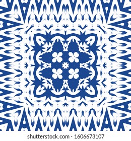 Traditional ornate portuguese azulejo. Vector seamless pattern theme. Fashionable design. Blue abstract background for web backdrop, print, pillows, surface texture, wallpaper, towels.