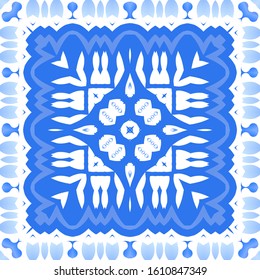 Traditional ornate portuguese azulejo. Vector seamless pattern elements. Stylish design. Blue abstract background for web backdrop, print, pillows, surface texture, wallpaper, towels.