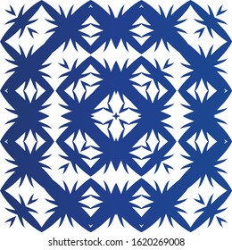 Traditional ornate portuguese azulejo. Vector seamless pattern watercolor. Graphic design. Blue abstract background for web backdrop, print, pillows, surface texture, wallpaper, towels.