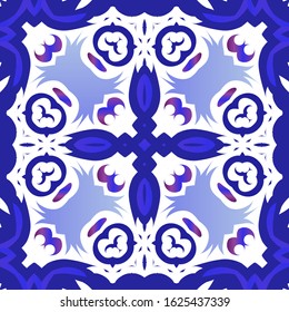 Traditional ornate portuguese azulejo. Vector seamless pattern elements. Stylish design. Blue abstract background for web backdrop, print, pillows, surface texture, wallpaper, towels.