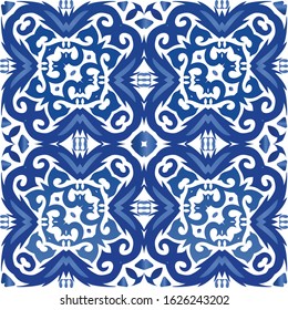Traditional ornate portuguese azulejo. Vector seamless pattern collage. Kitchen design. Blue abstract background for web backdrop, print, pillows, surface texture, wallpaper, towels.