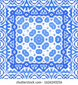 Traditional ornate portuguese azulejo. Vector seamless pattern elements. Stylish design. Blue abstract background for web backdrop, print, pillows, surface texture, wallpaper, towels.