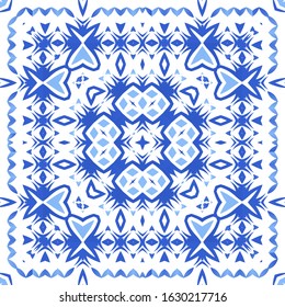 Traditional ornate portuguese azulejo. Vector seamless pattern arabesque. Graphic design. Blue abstract background for web backdrop, print, pillows, surface texture, wallpaper, towels.