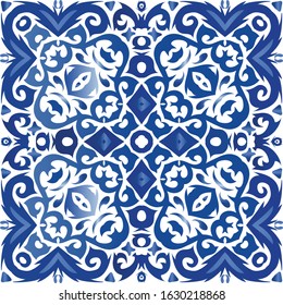 Traditional ornate portuguese azulejo. Vector seamless pattern trellis. Universal design. Blue abstract background for web backdrop, print, pillows, surface texture, wallpaper, towels.