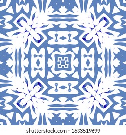 Traditional ornate portuguese azulejo. Vector seamless pattern theme. Fashionable design. Blue abstract background for web backdrop, print, pillows, surface texture, wallpaper, towels.