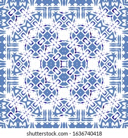 Traditional ornate portuguese azulejo. Vector seamless pattern theme. Fashionable design. Blue abstract background for web backdrop, print, pillows, surface texture, wallpaper, towels.