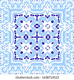 Traditional ornate portuguese azulejo. Vector seamless pattern theme. Fashionable design. Blue abstract background for web backdrop, print, pillows, surface texture, wallpaper, towels.