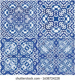 Traditional ornate portuguese azulejo. Vector seamless pattern watercolor. Bathroom design. abstract background for web backdrop, print, pillows, surface texture, wallpaper, towels.