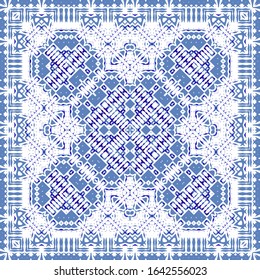 Traditional ornate portuguese azulejo. Vector seamless pattern theme. Fashionable design. Blue abstract background for web backdrop, print, pillows, surface texture, wallpaper, towels.