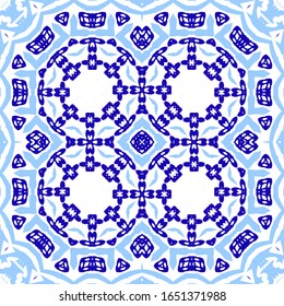 Traditional ornate portuguese azulejo. Vector seamless pattern theme. Fashionable design. Blue abstract background for web backdrop, print, pillows, surface texture, wallpaper, towels.