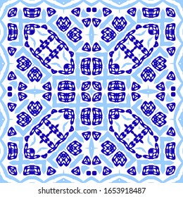 Traditional ornate portuguese azulejo. Vector seamless pattern theme. Fashionable design. Blue abstract background for web backdrop, print, pillows, surface texture, wallpaper, towels.