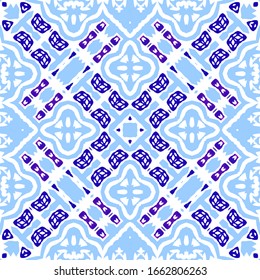 Traditional ornate portuguese azulejo. Vector seamless pattern theme. Fashionable design. Blue abstract background for web backdrop, print, pillows, surface texture, wallpaper, towels.