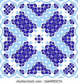 Traditional ornate portuguese azulejo. Vector seamless pattern theme. Fashionable design. Blue abstract background for web backdrop, print, pillows, surface texture, wallpaper, towels.