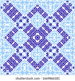 Traditional ornate portuguese azulejo. Vector seamless pattern theme. Fashionable design. Blue abstract background for web backdrop, print, pillows, surface texture, wallpaper, towels.