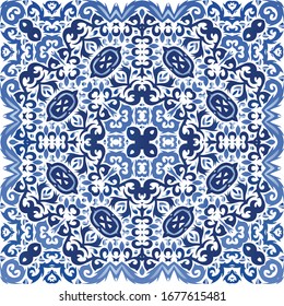 Traditional ornate portuguese azulejo. Vector seamless pattern arabesque. Original design. Blue abstract background for web backdrop, print, pillows, surface texture, wallpaper, towels.