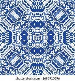 Traditional ornate portuguese azulejo. Vector seamless pattern poster. Hand drawn design. Blue abstract background for web backdrop, print, pillows, surface texture, wallpaper, towels.
