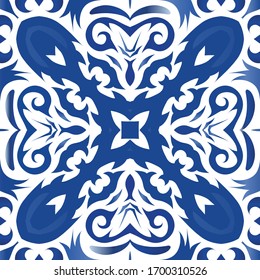 Traditional ornate portuguese azulejo. Vector seamless pattern texture. Original design. Blue abstract background for web backdrop, print, pillows, surface texture, wallpaper, towels.