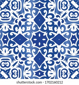 Traditional ornate portuguese azulejo. Vector seamless pattern frame. Universal design. Blue abstract background for web backdrop, print, pillows, surface texture, wallpaper, towels.