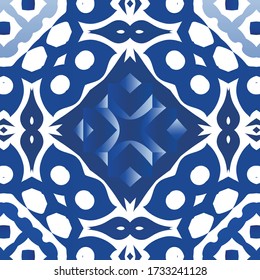 Traditional ornate portuguese azulejo. Vector seamless pattern concept. Colored design. Blue abstract background for web backdrop, print, pillows, surface texture, wallpaper, towels.