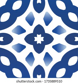 Traditional ornate portuguese azulejo. Vector seamless pattern frame. Bathroom design. Blue abstract background for web backdrop, print, pillows, surface texture, wallpaper, towels.