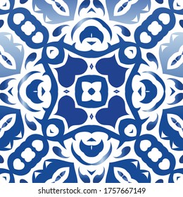 Traditional ornate portuguese azulejo. Vector seamless pattern arabesque. Kitchen design. Blue abstract background for web backdrop, print, pillows, surface texture, wallpaper, towels.