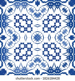 Traditional ornate portuguese azulejo. Vector seamless pattern concept. Stylish design. Blue abstract background for web backdrop, print, pillows, surface texture, wallpaper, towels.