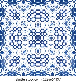Traditional ornate portuguese azulejo. Vector seamless pattern concept. Stylish design. Blue abstract background for web backdrop, print, pillows, surface texture, wallpaper, towels.