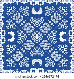 Traditional ornate portuguese azulejo. Vector seamless pattern elements. Stylish design. Blue abstract background for web backdrop, print, pillows, surface texture, wallpaper, towels.
