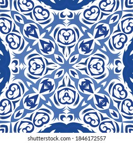Traditional ornate portuguese azulejo. Vector seamless pattern elements. Stylish design. Blue abstract background for web backdrop, print, pillows, surface texture, wallpaper, towels.