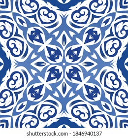 Traditional ornate portuguese azulejo. Vector seamless pattern elements. Stylish design. Blue abstract background for web backdrop, print, pillows, surface texture, wallpaper, towels.