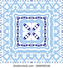 Traditional ornate portuguese azulejo. Vector seamless pattern theme. Fashionable design. Blue abstract background for web backdrop, print, pillows, surface texture, wallpaper, towels.