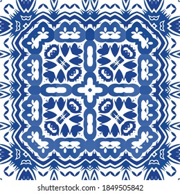 Traditional ornate portuguese azulejo. Vector seamless pattern arabesque. Graphic design. Blue abstract background for web backdrop, print, pillows, surface texture, wallpaper, towels.