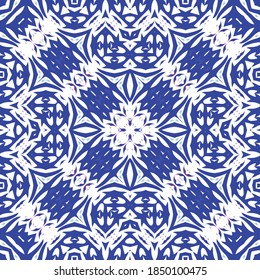 Traditional ornate portuguese azulejo. Vector seamless pattern theme. Fashionable design. Blue abstract background for web backdrop, print, pillows, surface texture, wallpaper, towels.