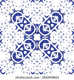 Traditional ornate portuguese azulejo. Vector seamless pattern theme. Fashionable design. Blue abstract background for web backdrop, print, pillows, surface texture, wallpaper, towels.