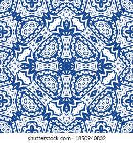 Traditional ornate portuguese azulejo. Vector seamless pattern theme. Fashionable design. Blue abstract background for web backdrop, print, pillows, surface texture, wallpaper, towels.